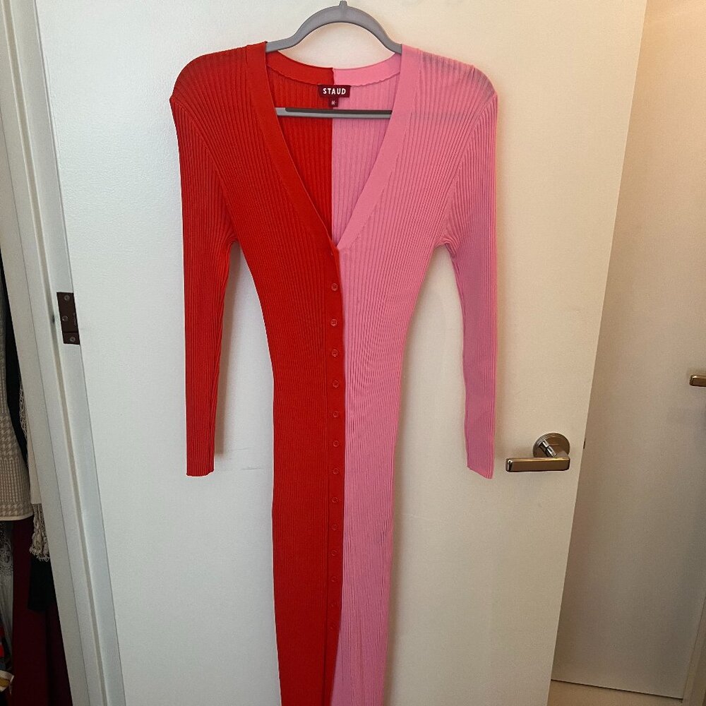 STAUD Pink and Red Long Sleeve Dress, Size Medium